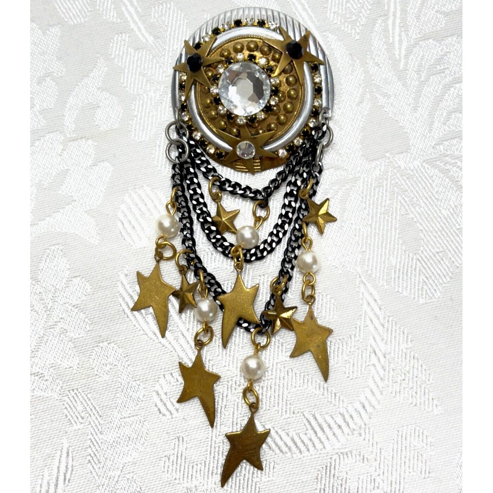 Jack Smile Vintage Dangle Stars Brooch Aged Brass Gold Silver Tone Rhinestones